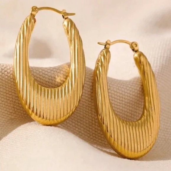 Gold Textured Long Oval Hoop Earrings - Picture 1 of 5